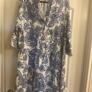 Soft Surroundings Karis Gauze Dress Women’s Sz XL Blue & White Floral 3/4 sleeve